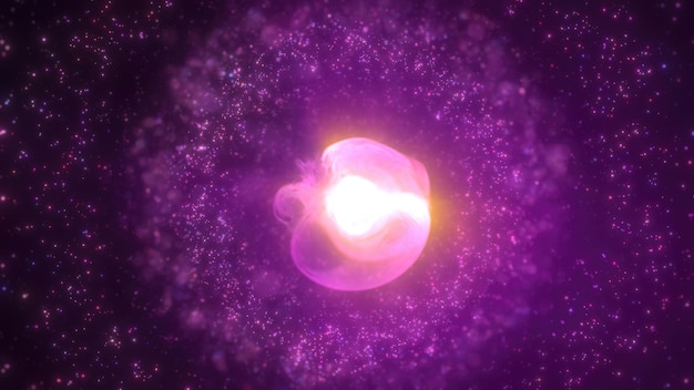 pink and purple glowing nebula sphere with a swirling core surrounded by particles