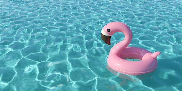 Pink inflatable flamingo pool flat in a swimming pool d render