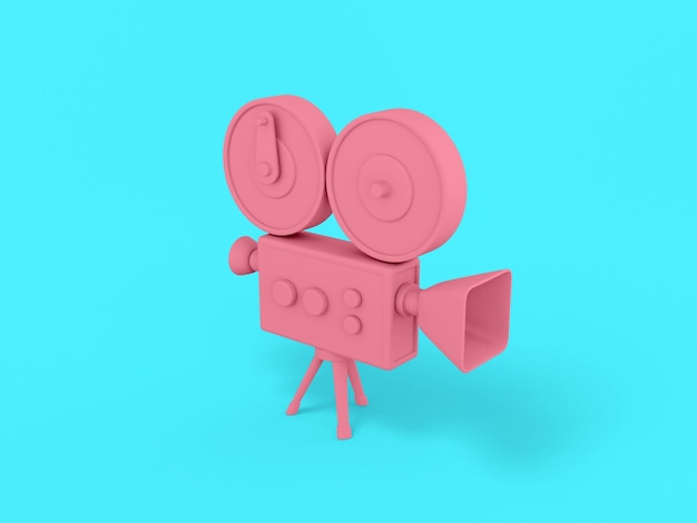 Pink mono color retro video camera on a blue solid background. Minimalistic design object. 3d rendering icon ui ux interface element.
