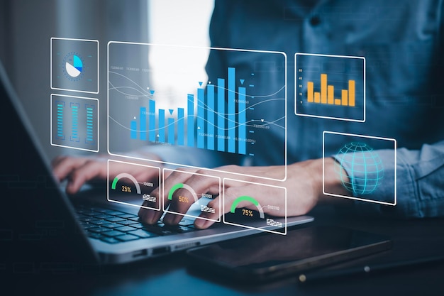 Planning analysis and Project management online Business people working laptops with the Project manager and updating tasks and progress planning with chart scheduling interface on a virtual screen