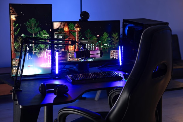 Playing video games Stylish room interior with modern computer and gaming chair in neon lights