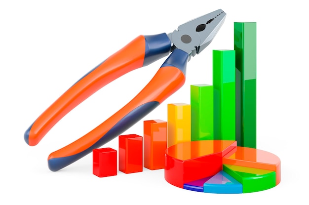 pliers with growth bar graph and pie chart 3d rendering isolated on white background