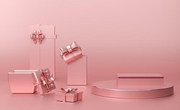 podium empty with geometric shapes in pink pastel composition for modern stage display and minimalist mockup abstract showcase background Concept 3d illustration or 3d render
