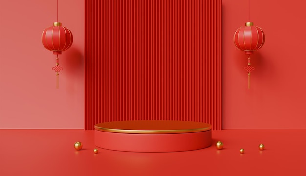 Podium stage chinese style for chinese new year or mid autumn festival with red background