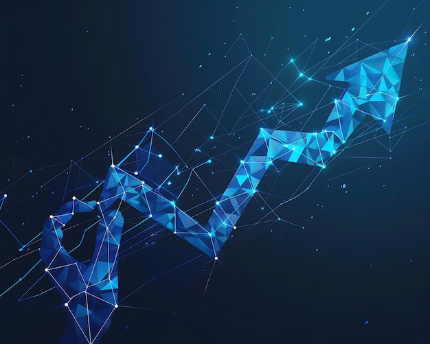 Polygonal blue stock graph upward arrow hand holding line dark gradient background modern low poly design HD quality