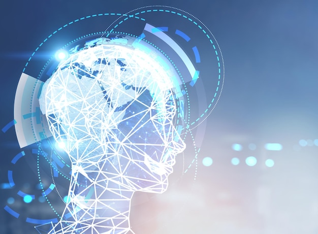 Polygonal brain shape of an artificial intelligence with lines and glowing dots and shadow over the dark blue background. Mock up toned image double exposure Elements of this image furnished by NASA