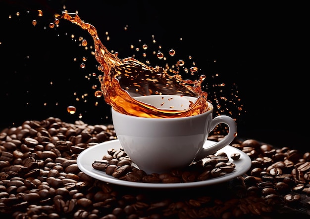 porcelain cup with black coffee splash and raw coffee beans on black backgroundai generative