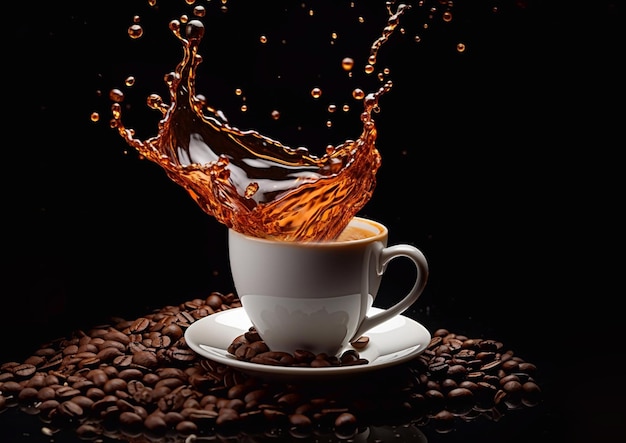 porcelain cup with black coffee splash and raw coffee beans on black backgroundai generative
