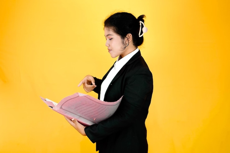 Photo portrait of a confident young asian businesswoman wearing black suit isolated on yellow background