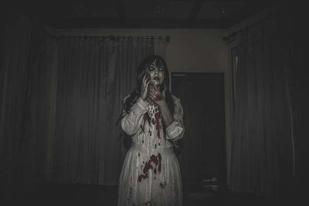 portrait of asian woman make up ghostscary horror scene for backgroundhalloween festival conceptghost movies poster