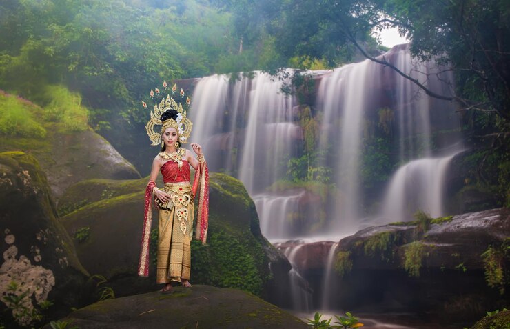 Photo portrait of beautiful young woman wearing crown and traditional clothing while standing against waterfall in forest