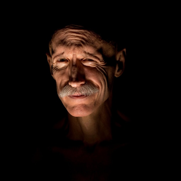 portrait of mature man making face against black background