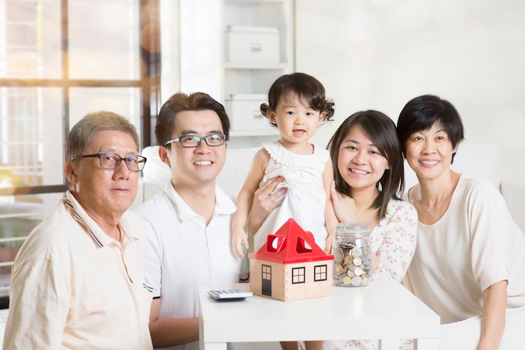 Photo portrait of smiling family with coins against wall at home