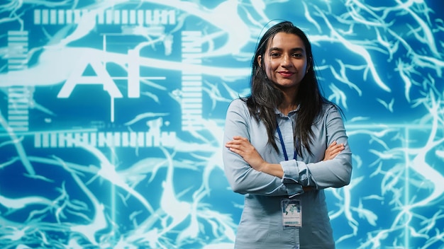 Portrait of smiling researcher in startup doing advancements in AI field
