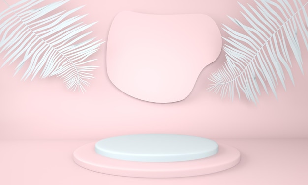 Product display podium decorated with leaves on pastel background 3d illustration