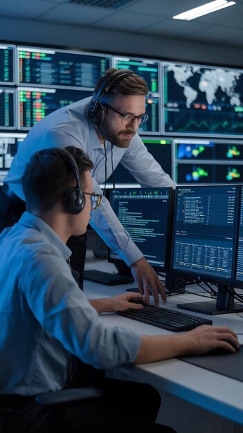 Professional IT Technical Support Specialists and Software Programmer Working on Computers in Monit