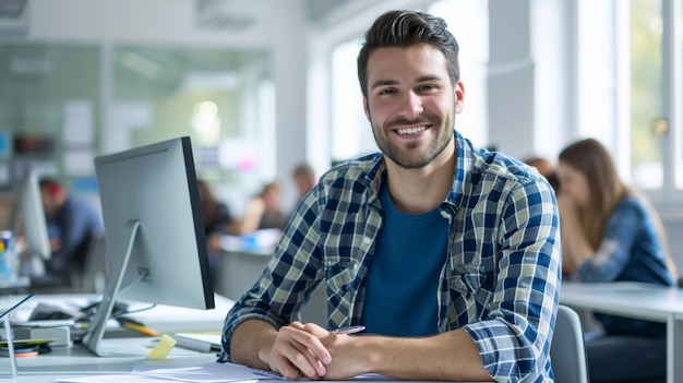 Professional man is working late at night in an office focused on the computer screen