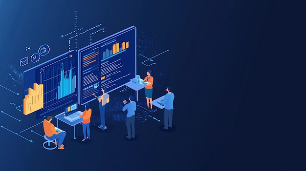 professionals analyzing data visualizations in a modern office during a collaborative meeting