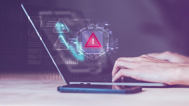 Programmer and virtual icons exclamation mark alarmcomputer virus detected danger warning concept or information error that should be urgently fixed and repaired Notification of security issues