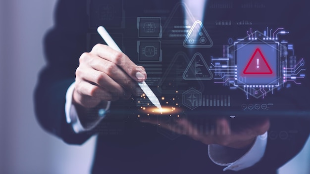 Programmer and virtual icons exclamation mark alarmcomputer virus detected danger warning concept or information error that should be urgently fixed and repaired Notification of security issues