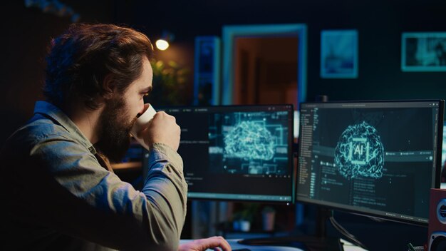 programmer being asked existential questions by awaken ai gaining consciousness