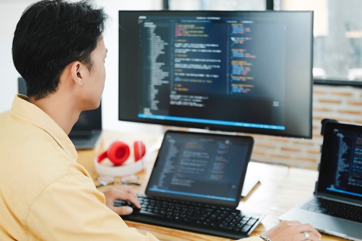 Photo programmer coding and developing software or application project