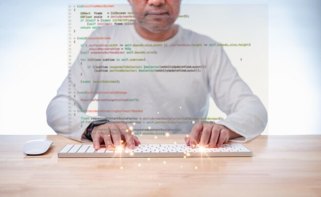programmer coding compiler encode debug and developer application software for business corporate with laptop computer Man programming coding web app from work at home code show screen monitor