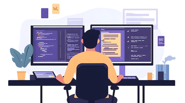 Programmer Integrating API with Website on Dual Monitor Setup for Efficient Web Development