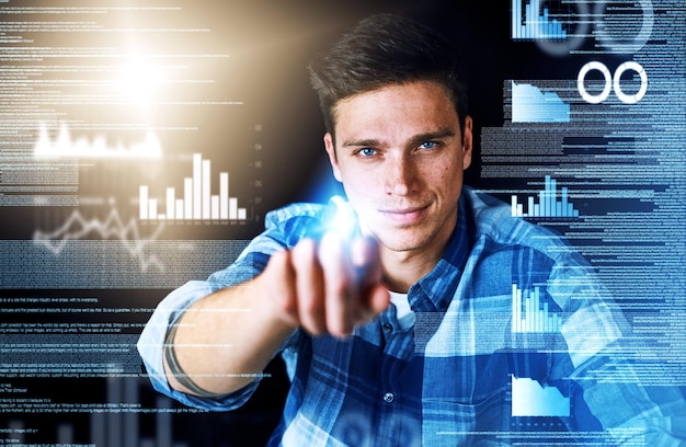 Programmer or engineer working with CGI graphic of data graphs and charts Portrait face of an information technology software designer showing business marketing growth development and innovation