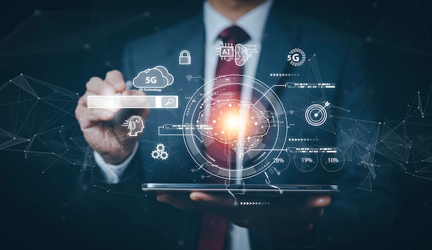 Programmer people Hold Brain mechanism virtual screen AI artificial intelligence software engineer coding on laptop computers with technology icons and binary code big data coding Ai robot digital