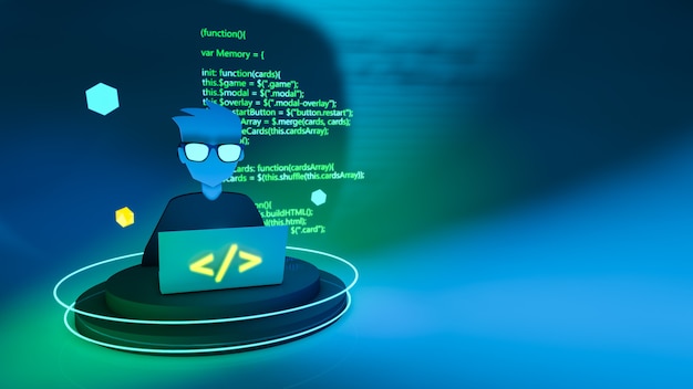 programmer with 3d computer and green code