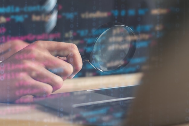 Programmers work with computer code on a virtual interface Digital software technology development concept