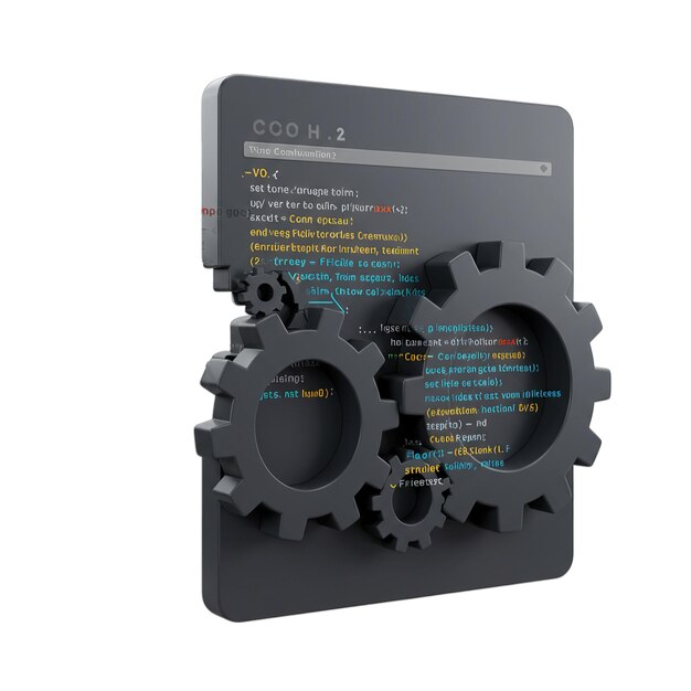 Programming code and gears representing software development and automation isolated on white background