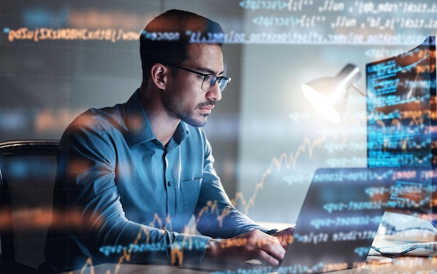 Programming code and man with focus hologram and digital software with cyber security trading and online reading Male person coder and employee with investment research and check stock market