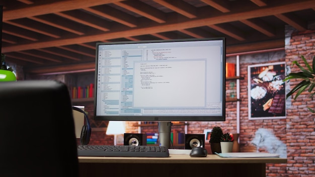 programming code executing software ui on computer monitor in apartment office