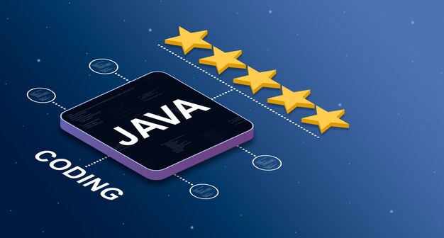Programming language java with a 5star rating and code elements badges 3d