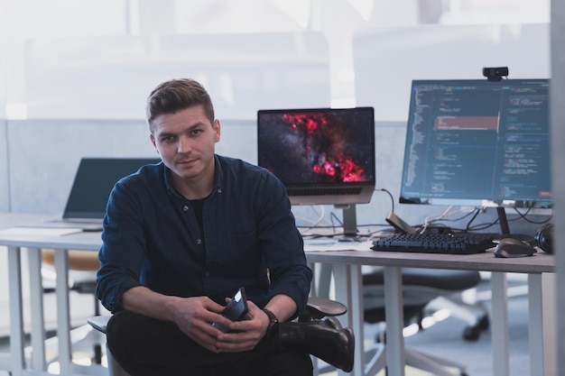 Programming. Man Working On Computer In IT Office, Sitting At Desk Writing Codes. Programmer Typing Data Code, Working On Project In Software Development Company.