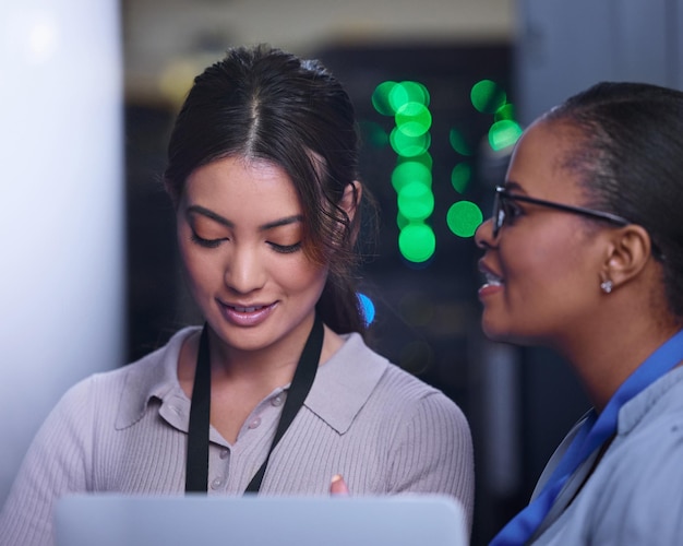 Programming server and people with maintenance of technology and IT engineer with teamwork Datacenter repair and problem solving idea to fix coding glitch error or system inspection with laptop