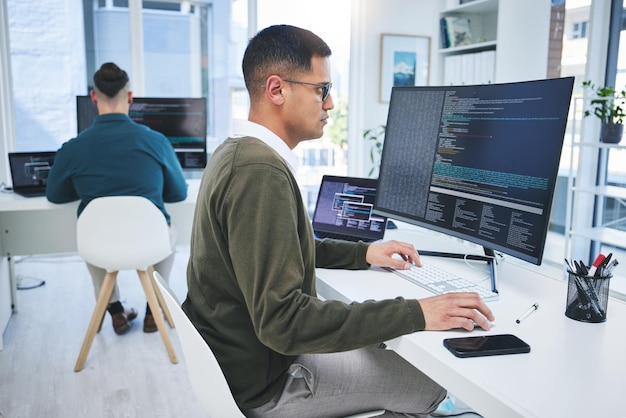 Programming software developer and a man at computer for coding script or cyber security in office IT technician person or programmer with technology for development future or data analytics