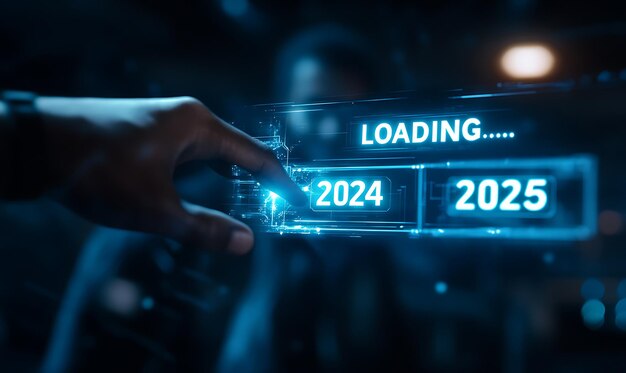 Progress and transition from 2024 to 2025 concept A person pointing to loading bar transitioning