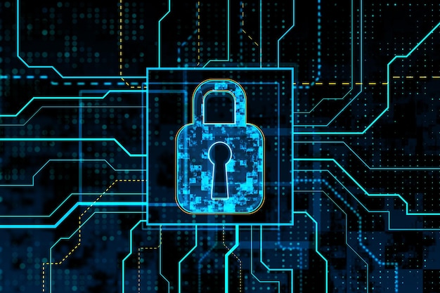 Protect your digital assets with a powerful symbol of cyber security a blue padlock The neonstyle design on a dark circuit background adds a futuristic touch to this 3D rendering