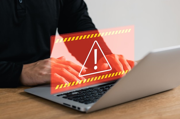 protection against personal data hacking exclamation mark computer virus detected warning cybercrime protection