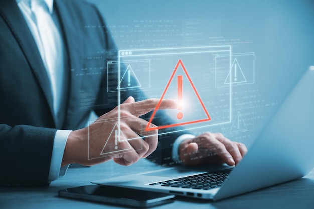 Protection against personal data hacking exclamation mark Computer virus detected warning Cybercrime protection