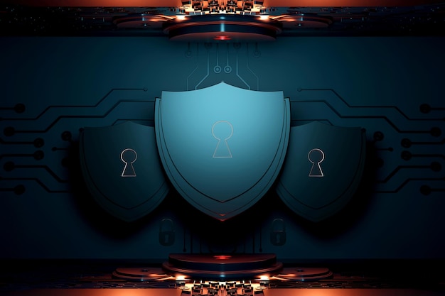 Protection network security computer and safe your data concept Shield icon cyber security digital data network protection Digital crime by an anonymous hacker 3D illustration