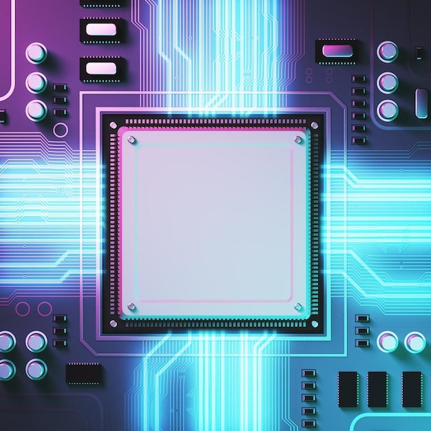 Purple circuit background with a processor on it. Concept of modern technologies and information. Rays of light. 3d rendering mock up toned image