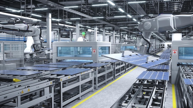 PV cells manufactured in cutting edge eco friendly warehouse 3D render