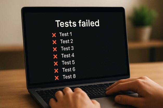 QA automation engineer working at computer with failed automated test results