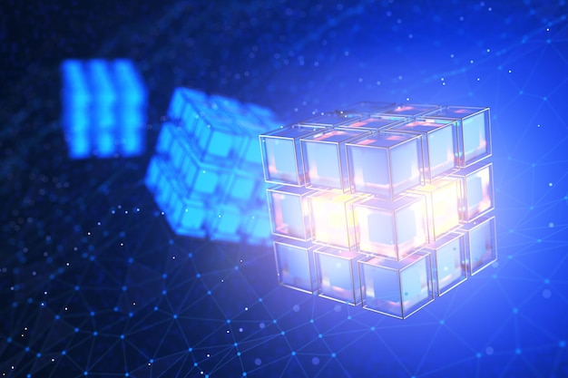 quantum computer Blockchain technology concept Big data Neural networks 3d rendering
