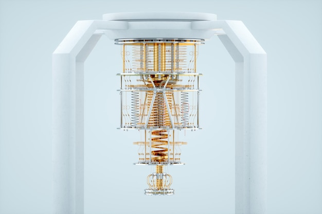 Quantum computer gold silver mechanism isolated on white background Mechanism quantum computing quantum cryptography steampunk Q bits parallel computing 3D illustration 3D render
