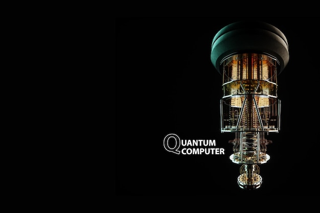 Quantum computer isolated on black Golden gear quantum computing quantum cryptography steampunk Q bits parallel computing 3D illustration 3D render